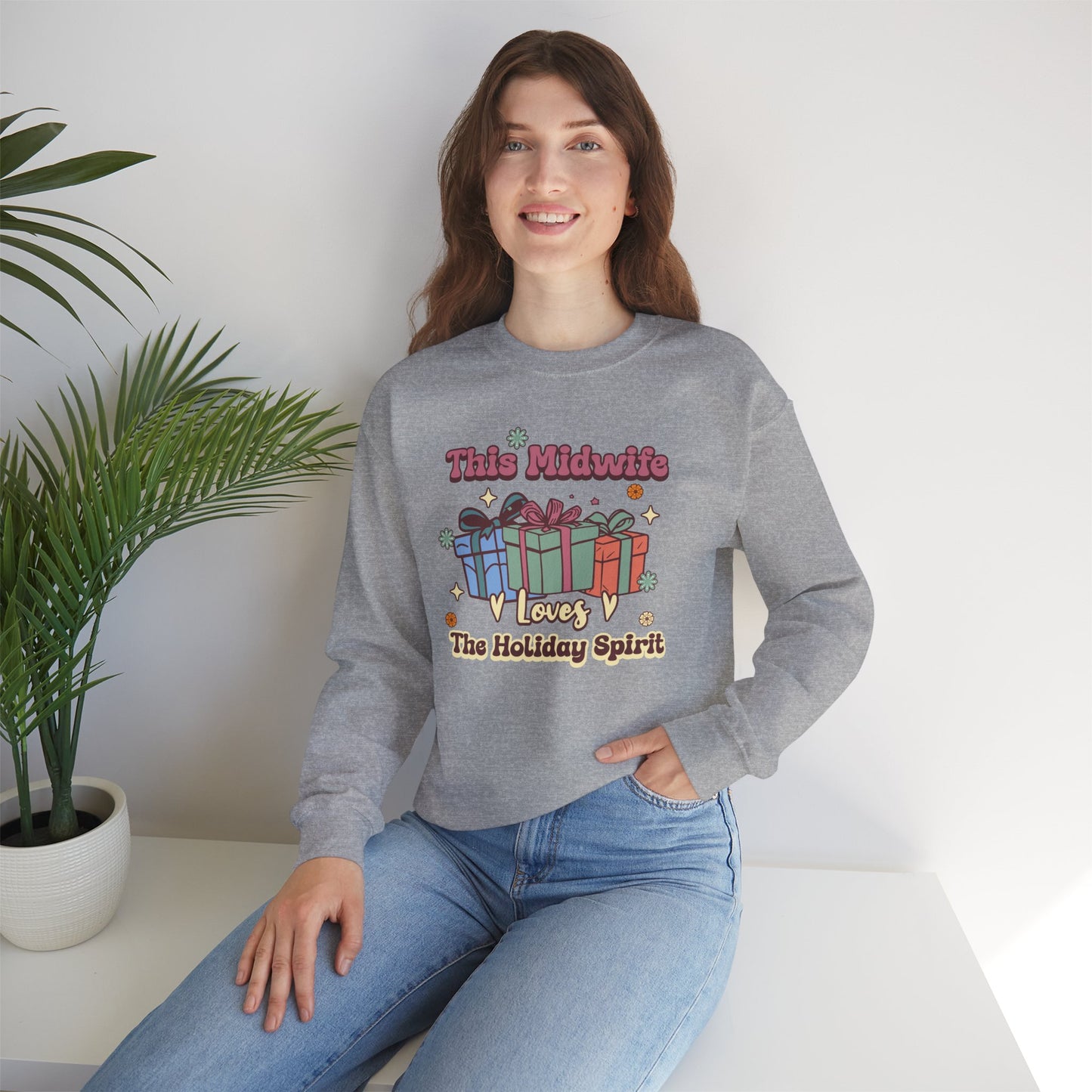 Midwife Loves Holiday Spirit Groovy Sweatshirt